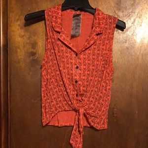 Moon Collection juniors xl owl button up crop tie sleeveless blouse